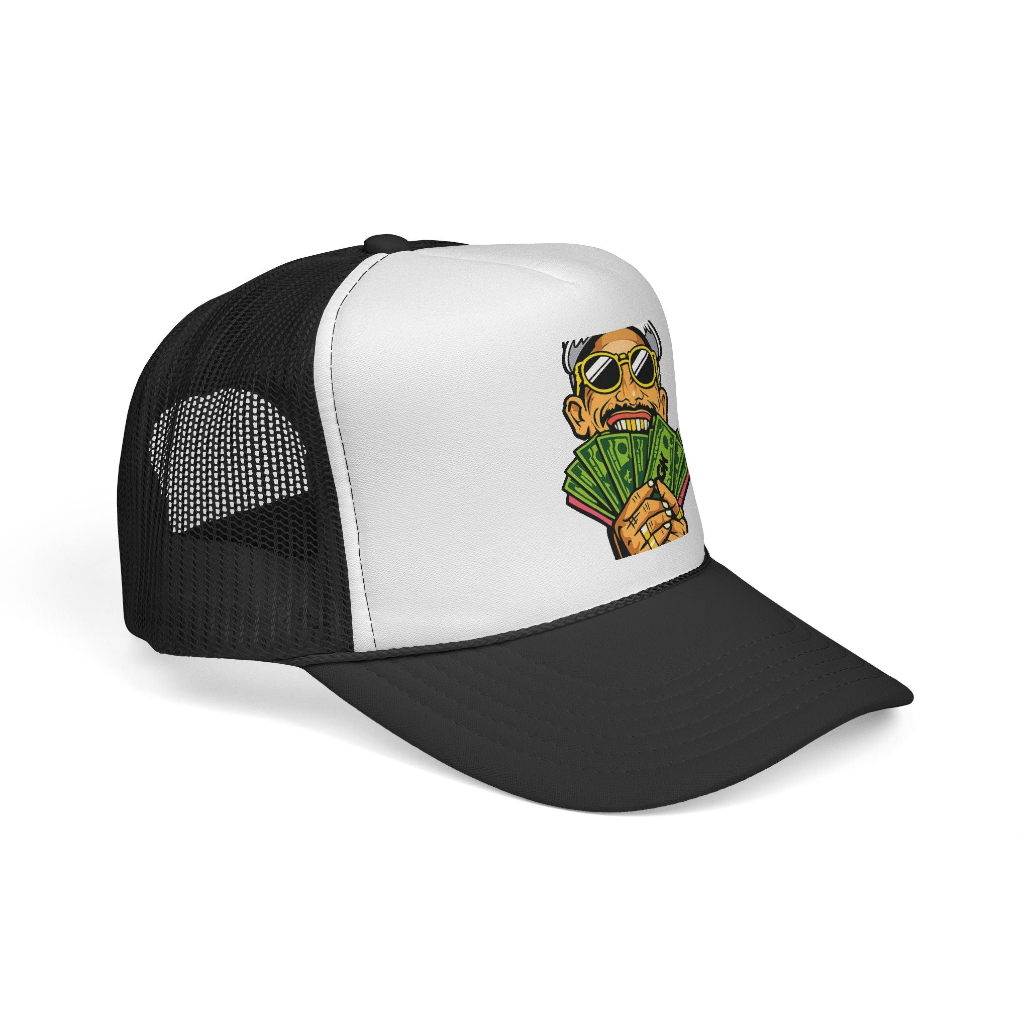 Money Fan Trucker Cap — Retro Rich Guy Graphic Mesh Hat