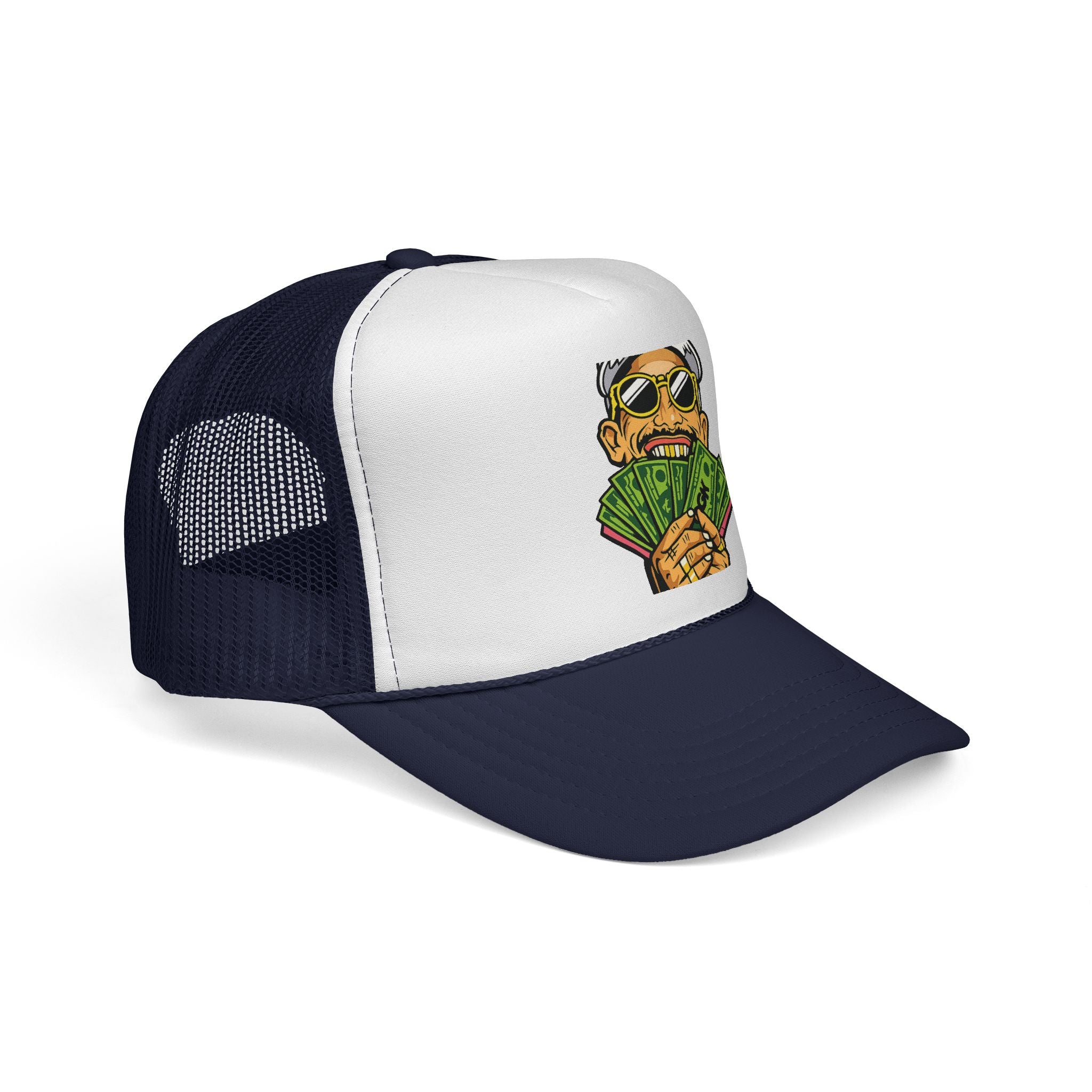 Money Fan Trucker Cap — Retro Rich Guy Graphic Mesh Hat