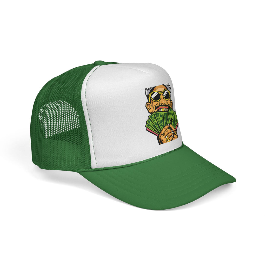 Money Fan Trucker Cap — Retro Rich Guy Graphic Mesh Hat