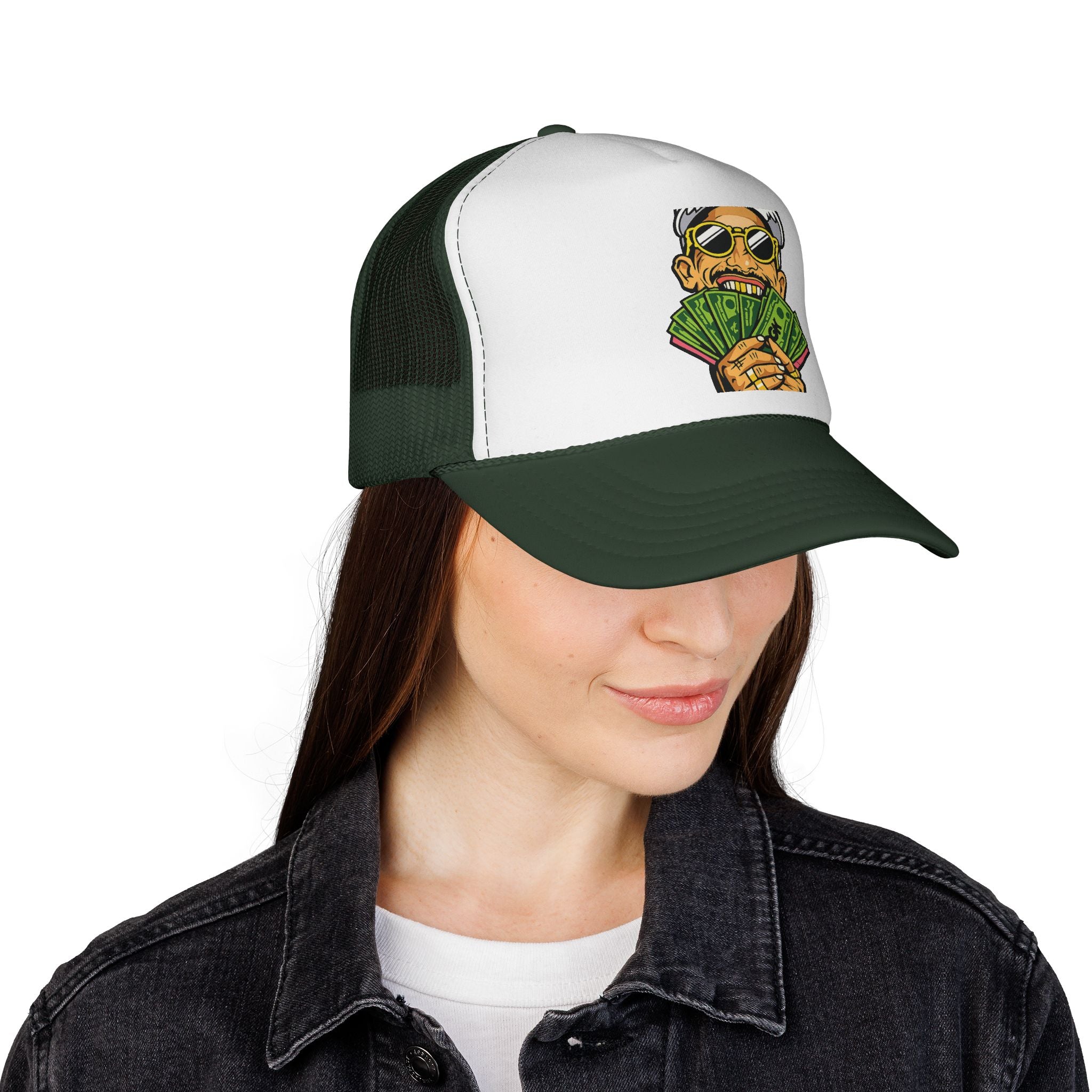Money Fan Trucker Cap — Retro Rich Guy Graphic Mesh Hat
