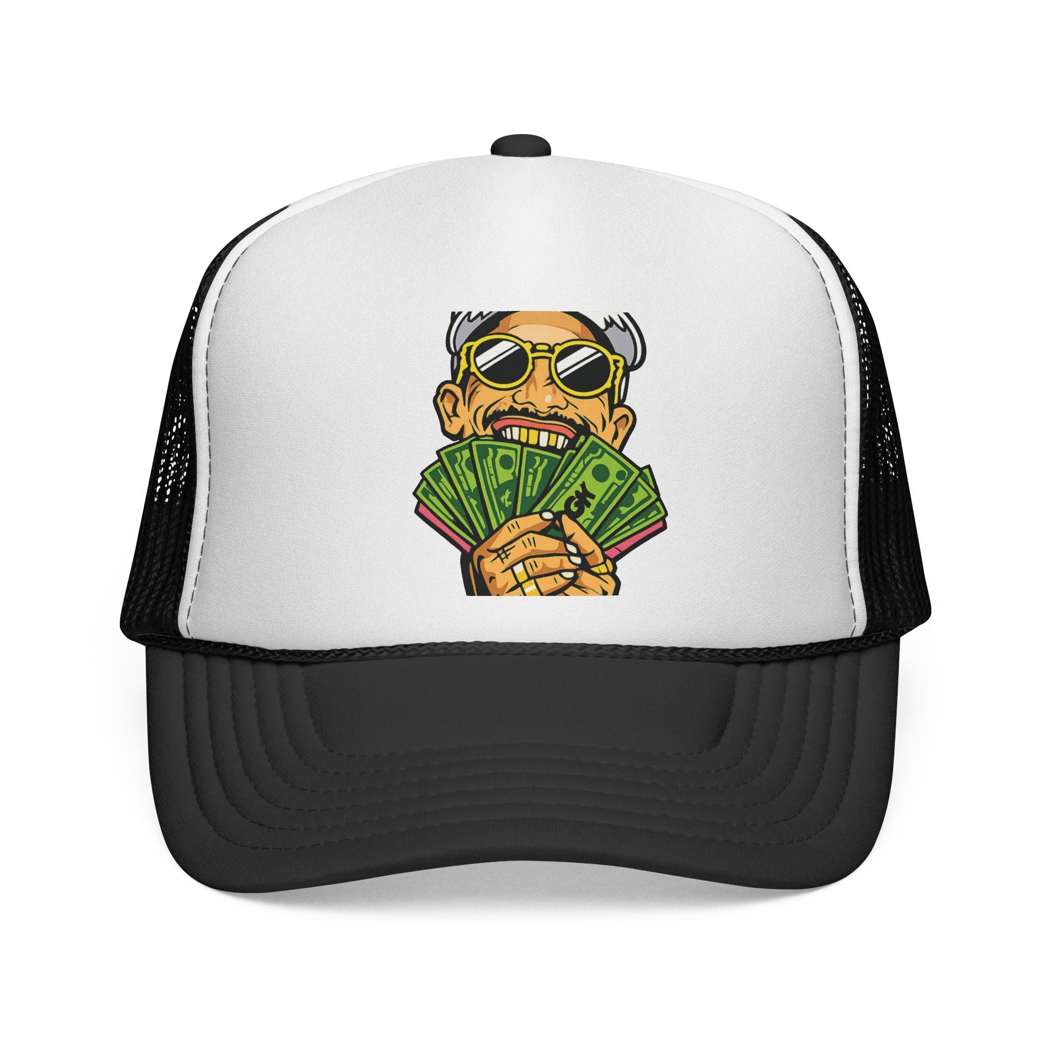 Money Fan Trucker Cap — Retro Rich Guy Graphic Mesh Hat