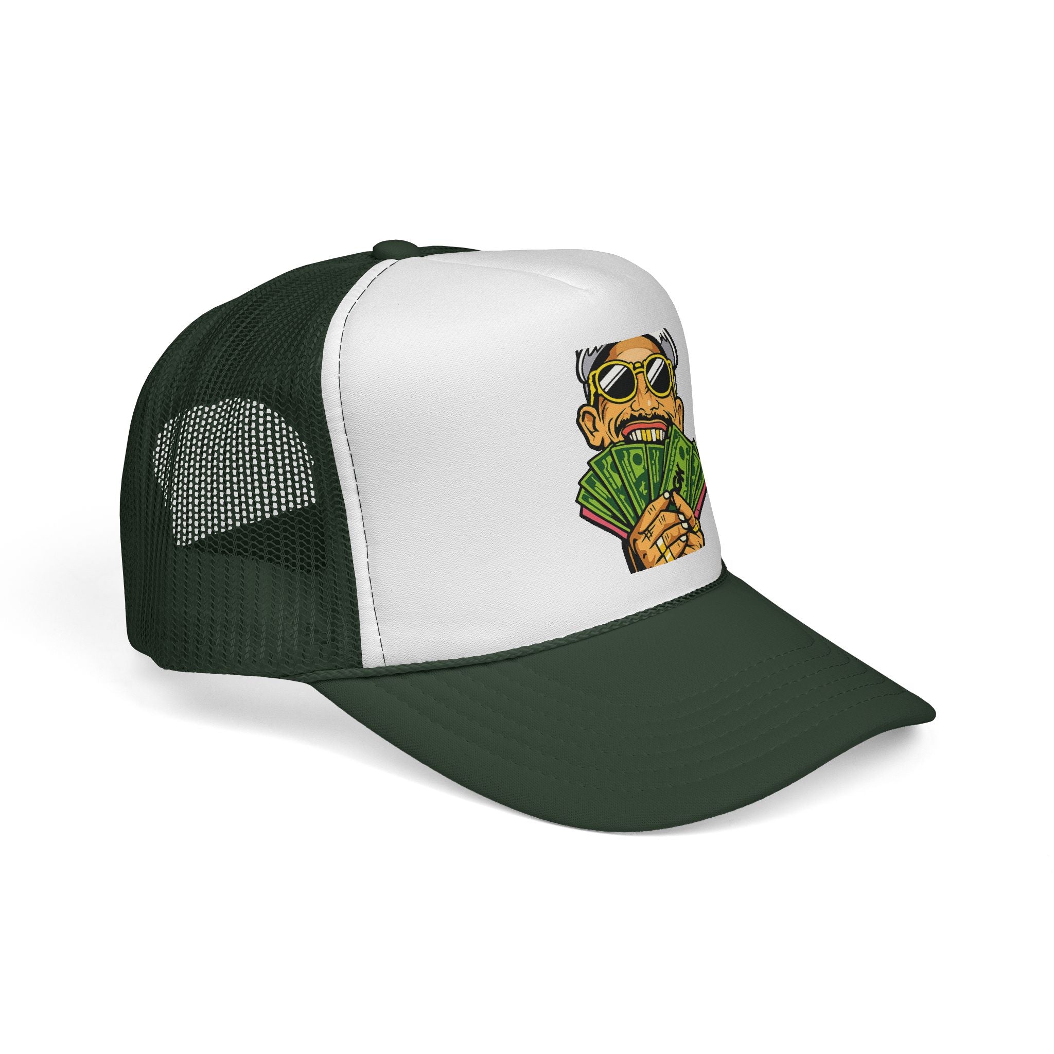 Money Fan Trucker Cap — Retro Rich Guy Graphic Mesh Hat
