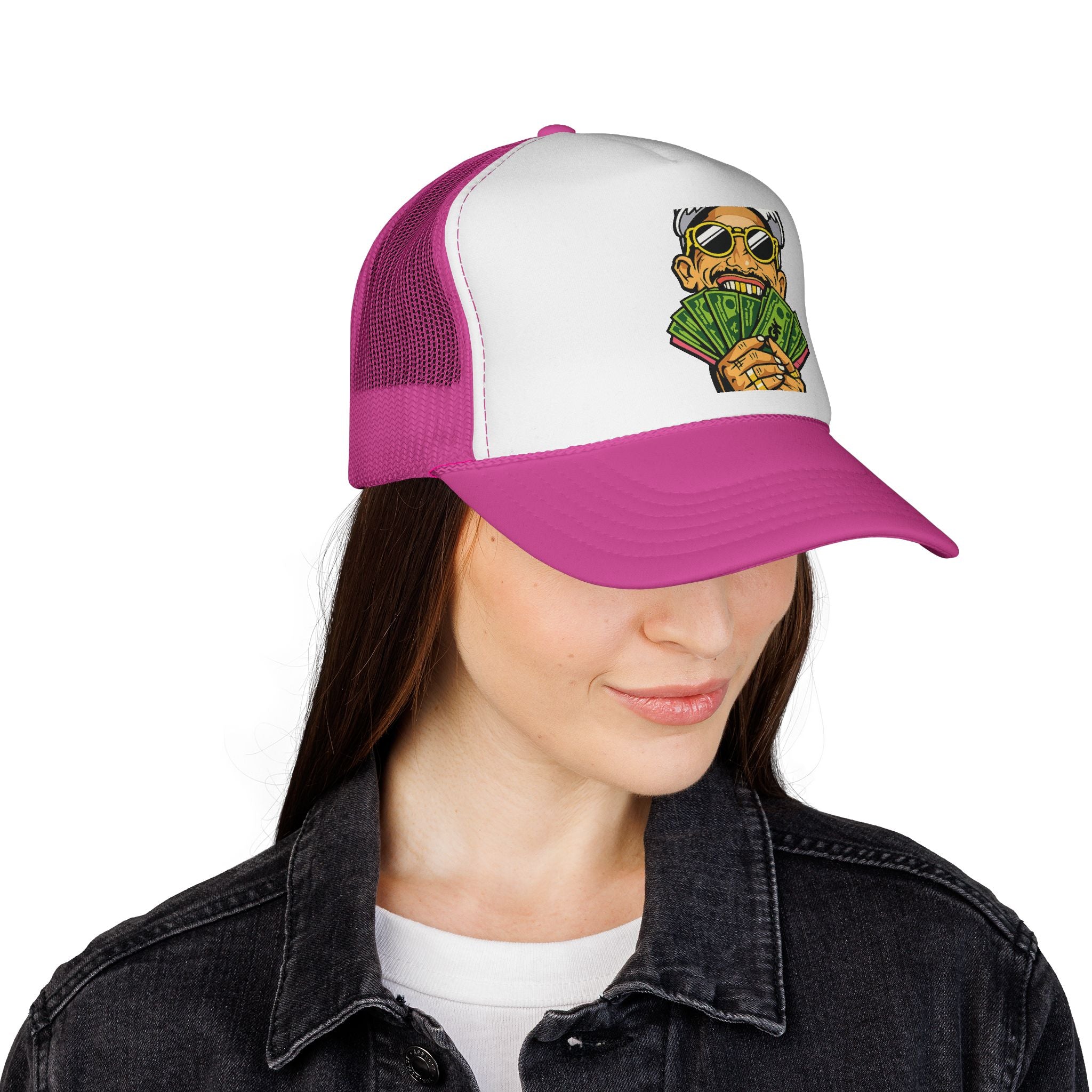 Money Fan Trucker Cap — Retro Rich Guy Graphic Mesh Hat