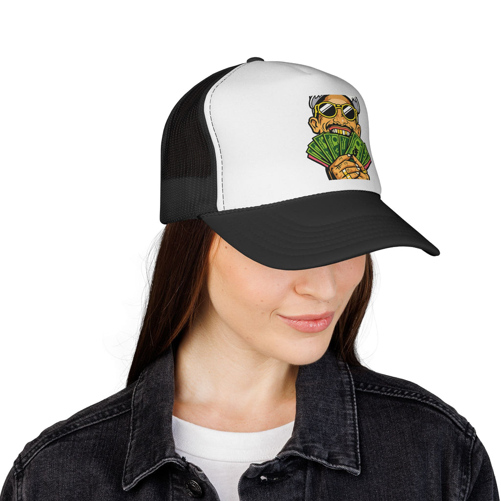 Money Fan Trucker Cap — Retro Rich Guy Graphic Mesh Hat