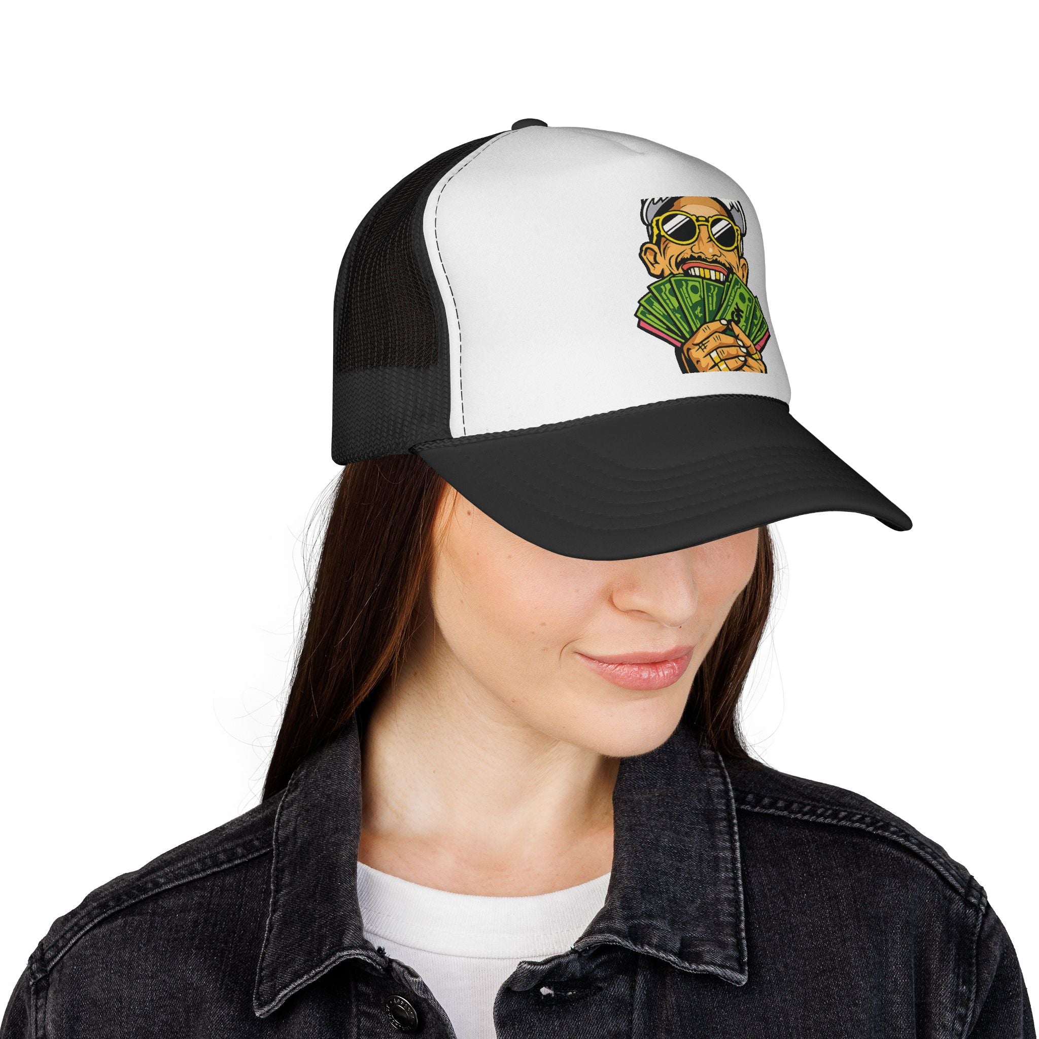 Money Fan Trucker Cap — Retro Rich Guy Graphic Mesh Hat