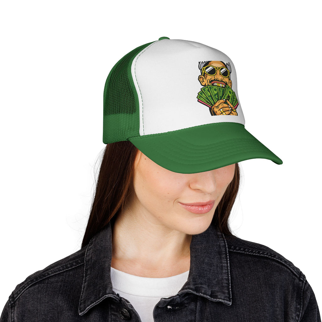 Money Fan Trucker Cap — Retro Rich Guy Graphic Mesh Hat
