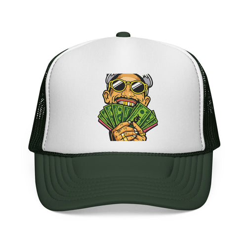 Money Fan Trucker Cap — Retro Rich Guy Graphic Mesh Hat