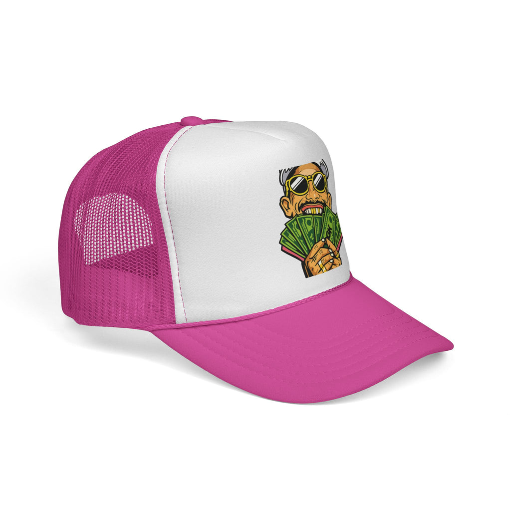 Money Fan Trucker Cap — Retro Rich Guy Graphic Mesh Hat