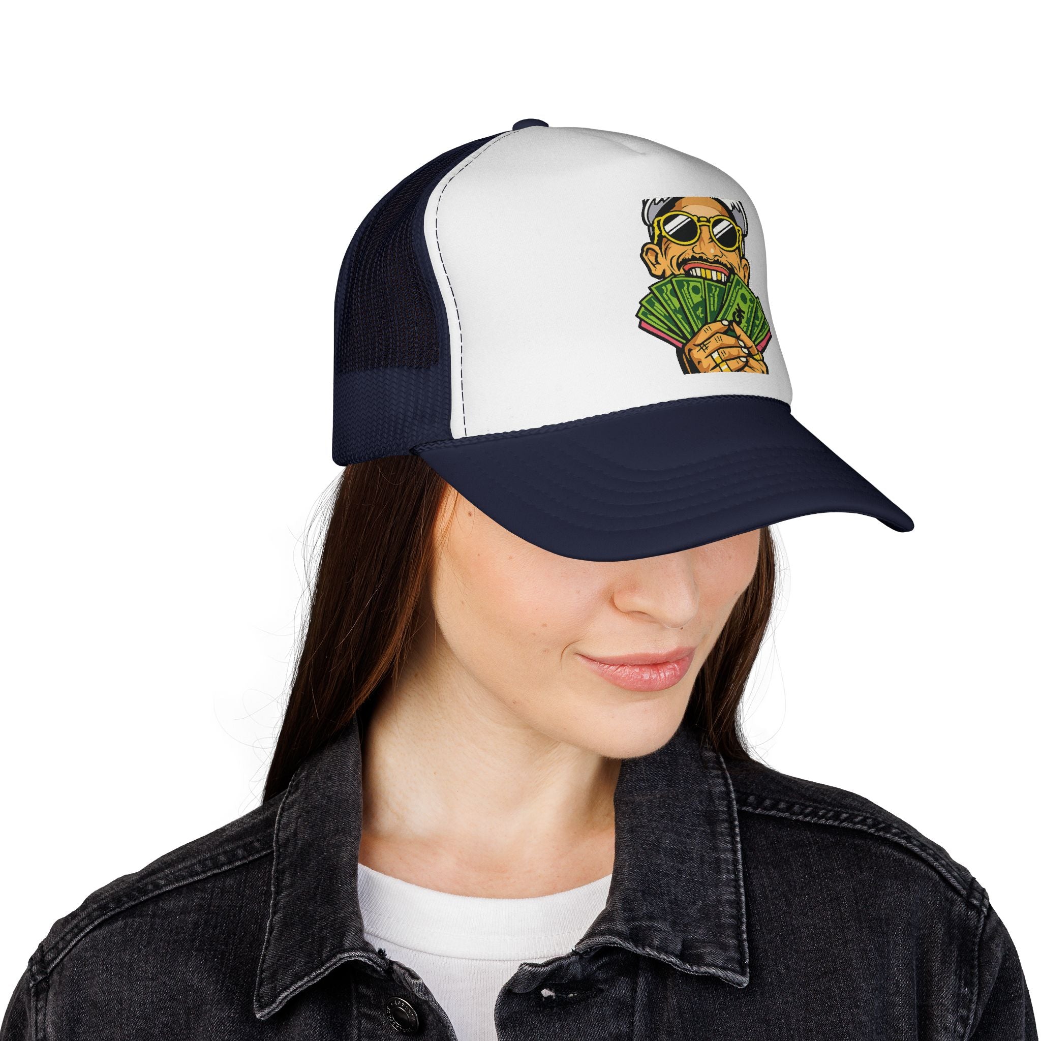 Money Fan Trucker Cap — Retro Rich Guy Graphic Mesh Hat